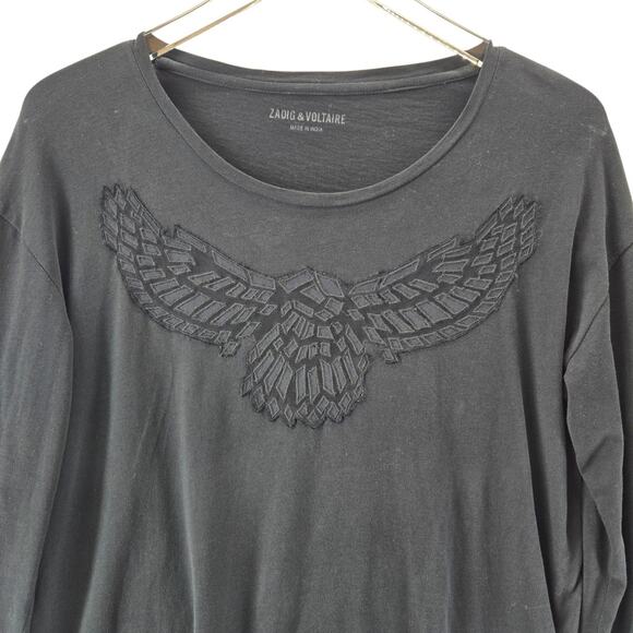 Zadig & Voltaire Long Sleeve Tee Axy Lace Black Embroidered Eagle Womens Medium - Picture 2 of 8